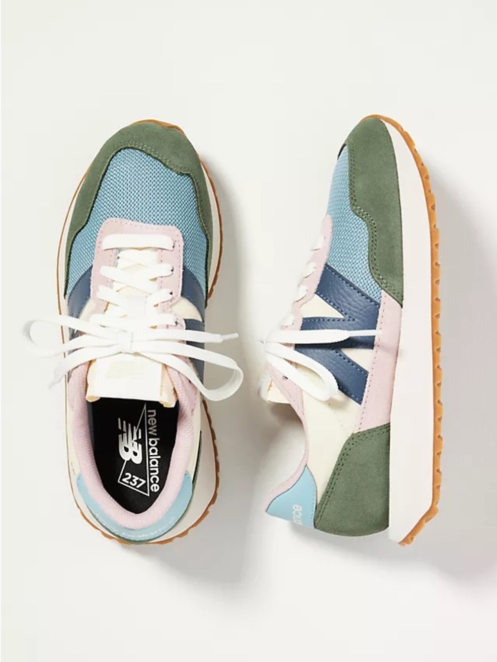 New Balance 237 Sneakers in Green, Blue & Pink with Gum Sole